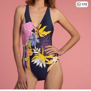 Trina Turk Navy One-Piece Swimsuit with Pink, Yellow & Lavender Floral Accents